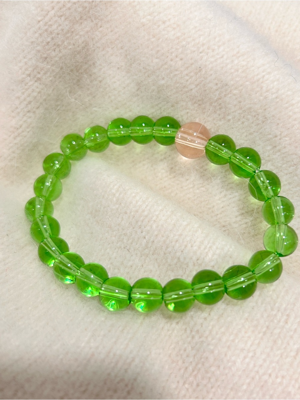 Natural Crystal Hand Made Stretch Bracelet Green and Pastel Pink